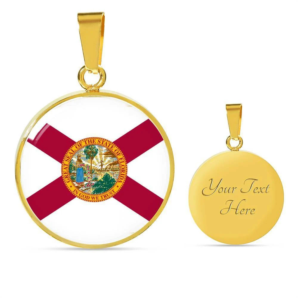 Florida State Flag Personalized Engraved Gold Circle Necklace Custom Name Date